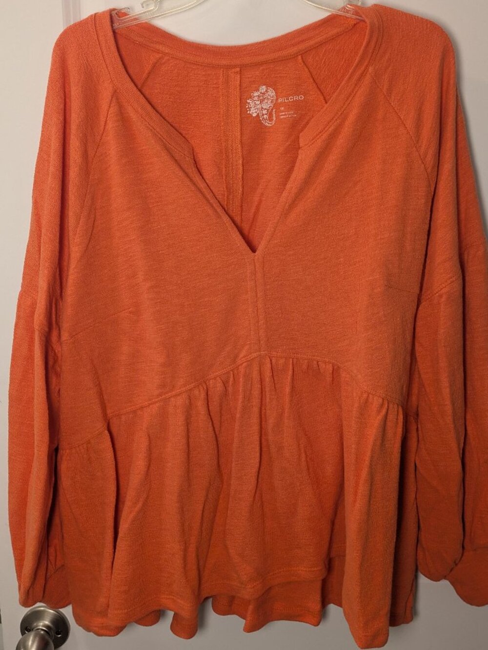Pilcro Top Womens 1X Orange French Terry Split Neck Peplum Comfy Long Sleeve